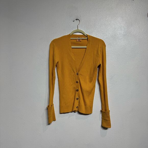 Tory Burch Mustard Yellow Shrunken Simone Ribbed Cardigan Sz S - Picture 2 of 12